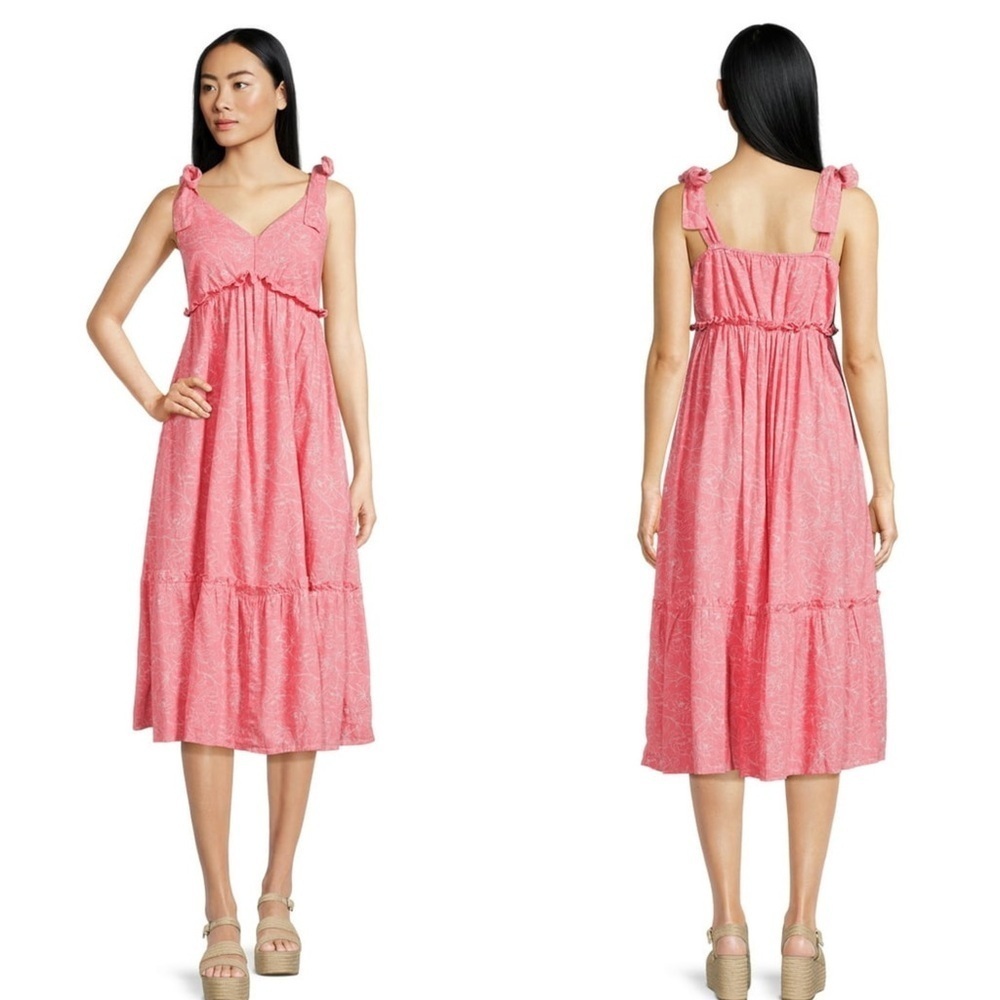 Time and Tru Pink Floral Pattern V-Neck Tie Strap Midi Dress Women’s Size Large
